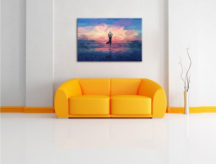 Pixxprint Yoga am Strand Kunst als Leinwandbild/Grösse: 100x70 cm/Wandbild/Kunstdruck/fertig bespann