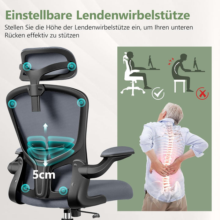 FelixKing Ergonomischer Bürostuhl, Computerstuhl, verstellbare Lendenwirbelstütze, 3D-Kopfstütze und