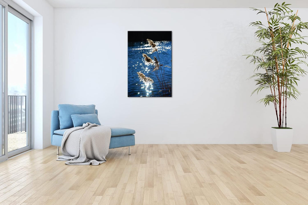 deyoli Schilf mit schimmernden Wasser im Format: 80x60 als Leinwandbild, Motiv fertig gerahmt auf Ec