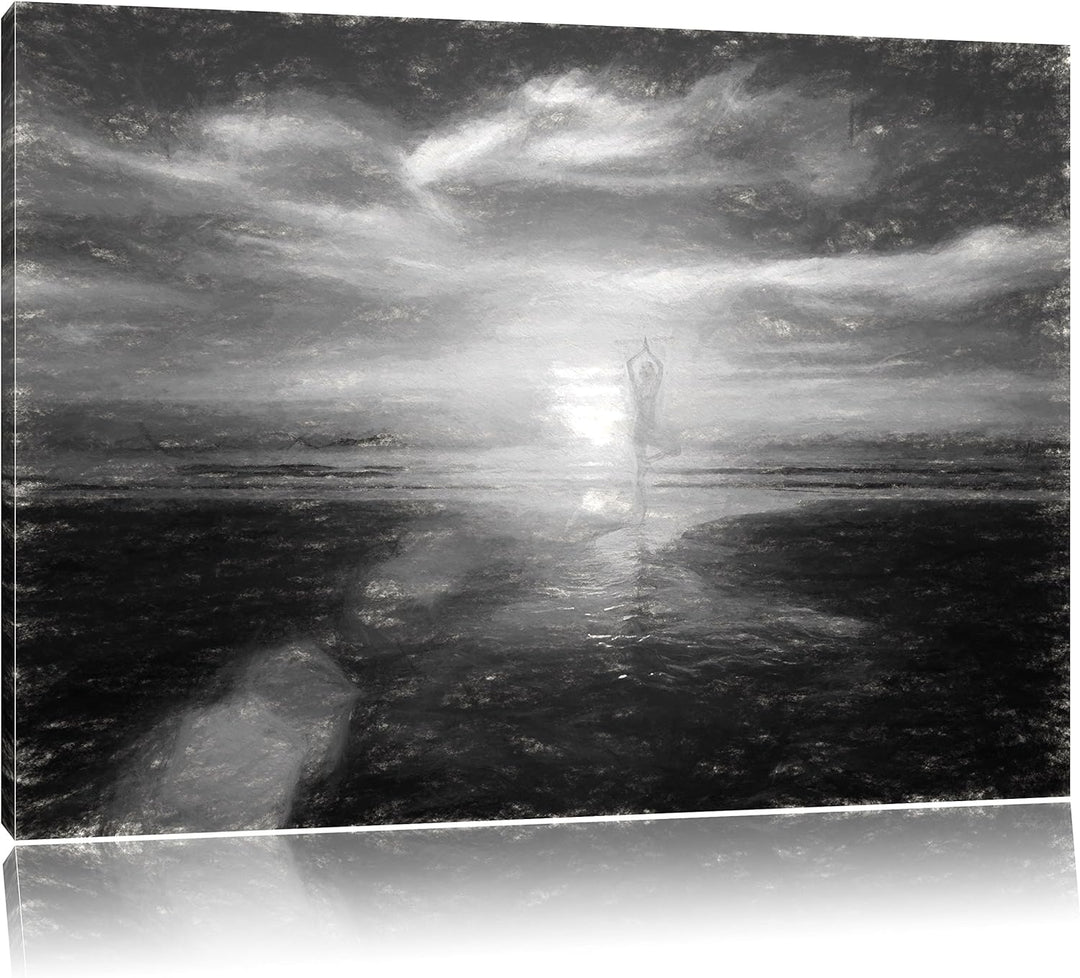 Pixxprint Yoga Silhouette am Strand / 100x70cm Leinwandbild bespannt auf Holzrahmen/Wandbild Kunstdr