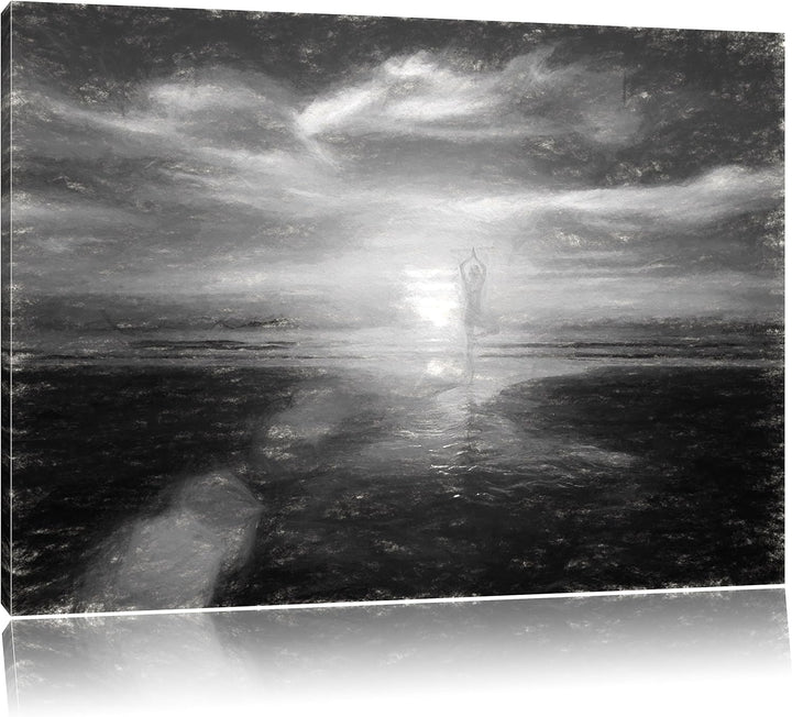 Pixxprint Yoga Silhouette am Strand / 100x70cm Leinwandbild bespannt auf Holzrahmen/Wandbild Kunstdr