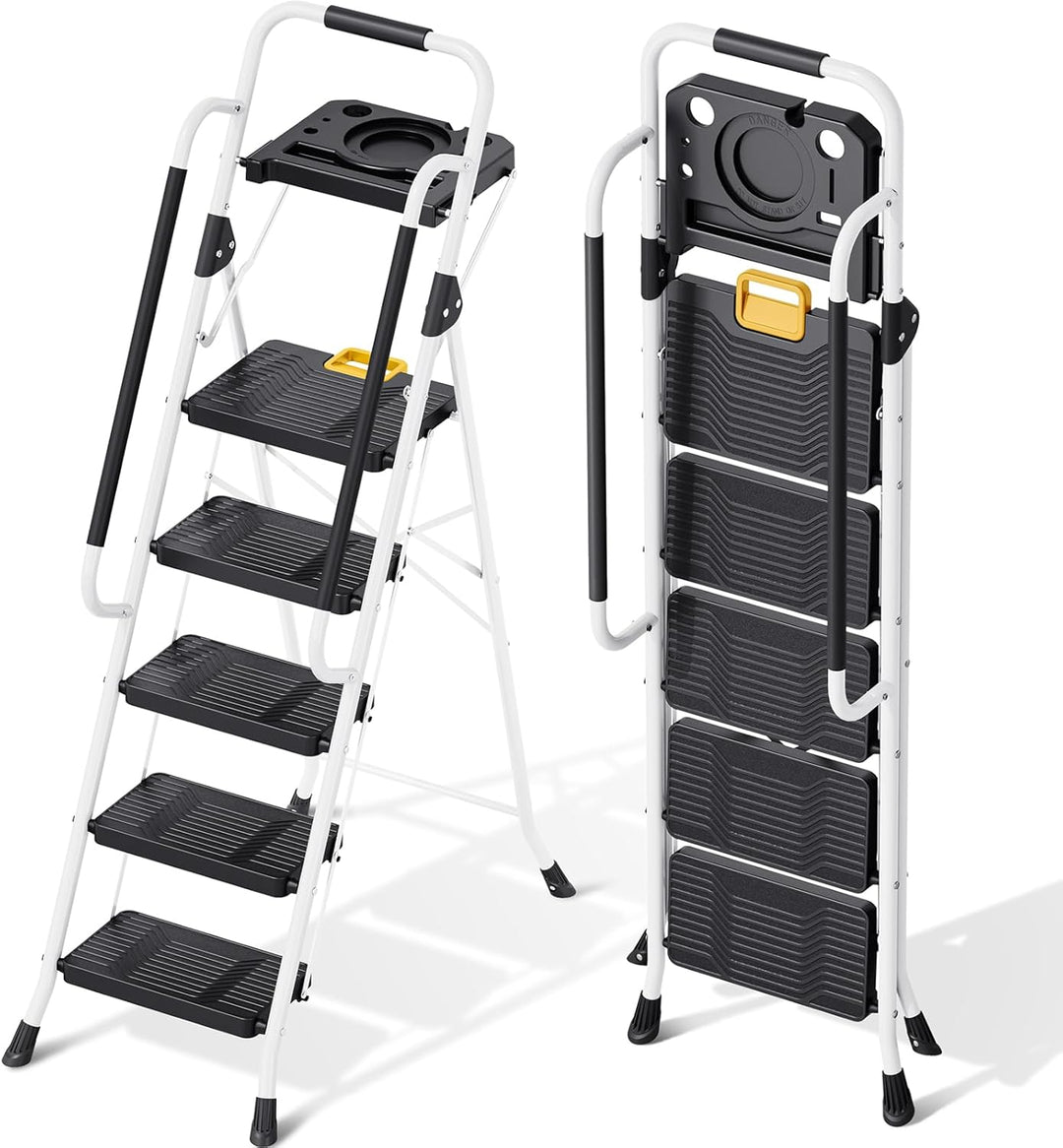 KINGRACK Trittleiter 5 Stufen klappbar, Leiter 5 Stufen 360 kg Tragfähigkeit, mit Werkzeugtray, Hand