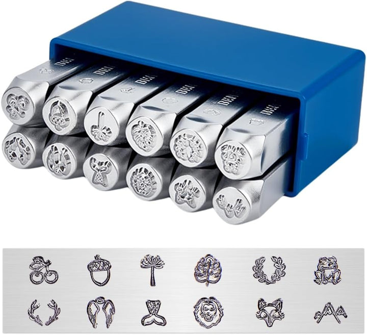 BENECREAT 12 Packs (6mm 1/4") Matte Design Metallstempelstanzen mit Werkzeugkoffer für Schmuck Leder