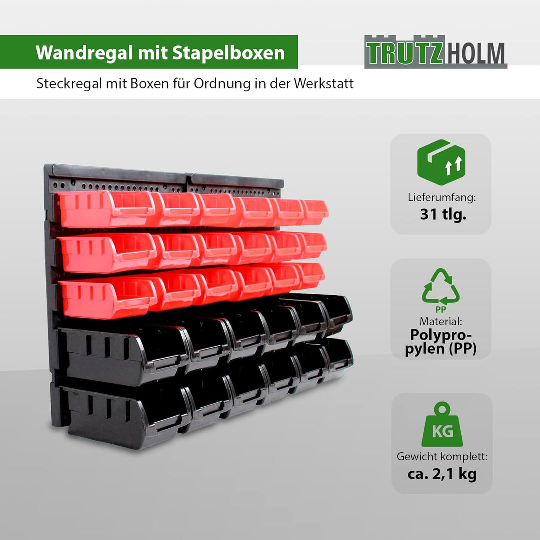 TRUTZHOLM Stapelboxen mit Wandregal 32 TLG Kleinteilemagazin Schütten mit Etikettenfach (rot)