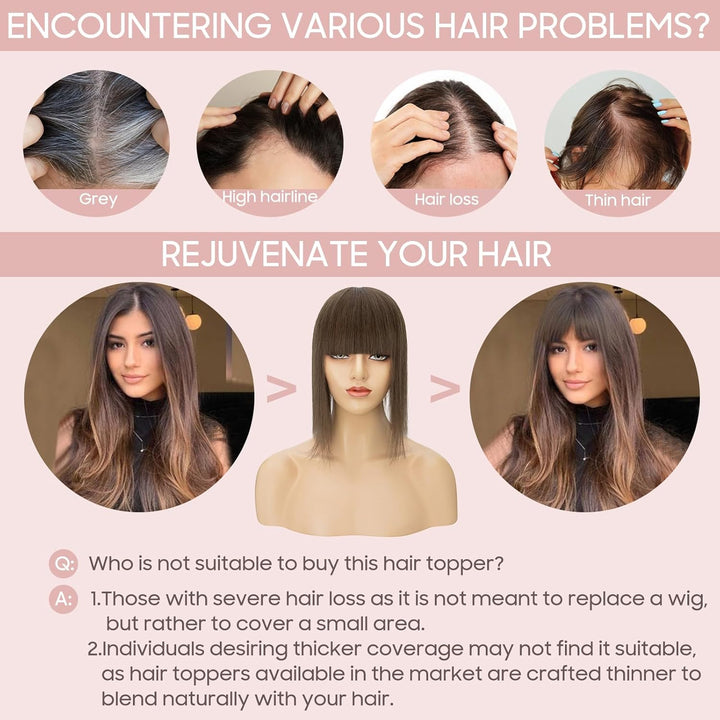 Silk-co Hair Topper Echthaar mit langem Pony, Toupet Damen 10x12cm Basis, Haartopper Echthaar mit Re