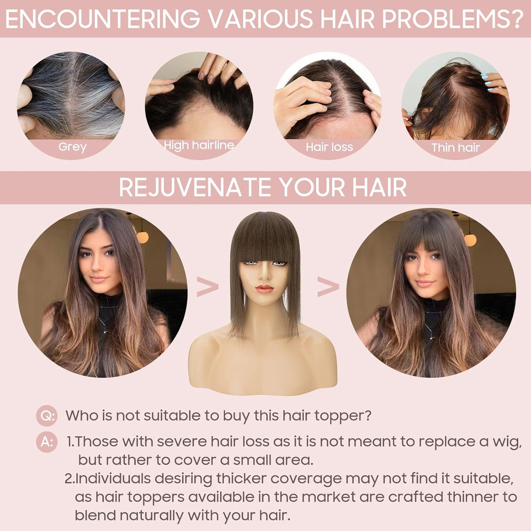 Silk-co Hair Topper Echthaar mit langem Pony, Toupet Damen 10x12cm Basis, Haartopper Echthaar mit Re