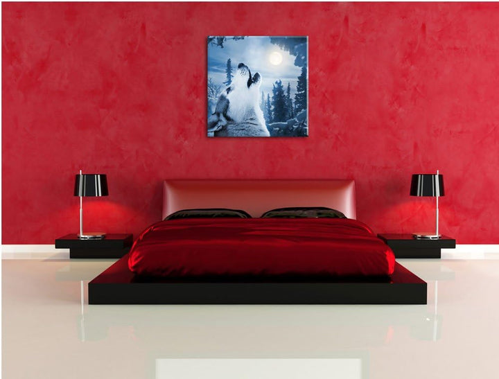 Pixxprint Wolf vor Mondlicht als Leinwandbild/Grösse: 70x70 cm/Wandbild/Kunstdruck/fertig bespannt,