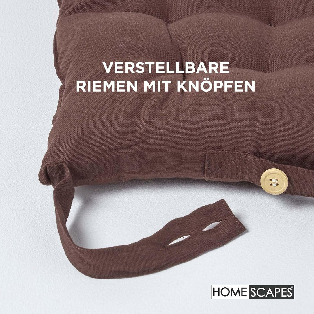 Homescapes 6er Set Stuhlkissen 40 x 40 cm, braun, Sitzkissen mit Bändern und Knopfverschluss, einfar