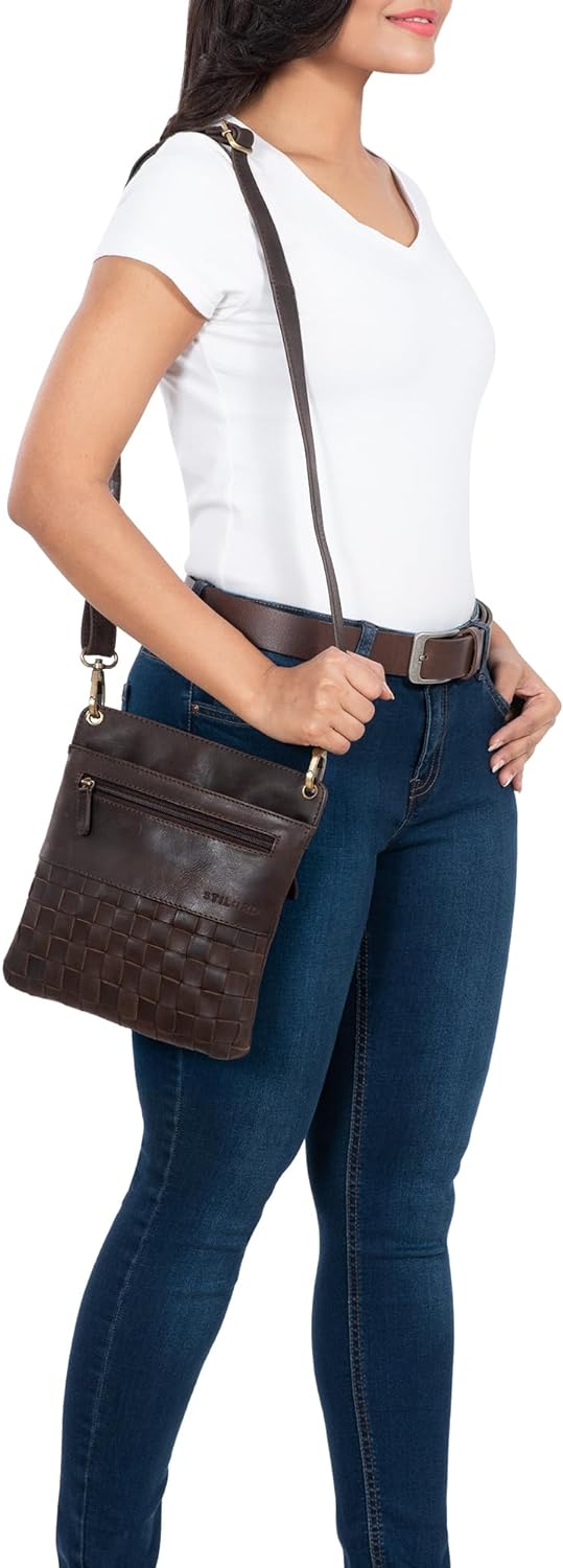 STILORD 'Sophie' Schultertasche Damen klein Leder Handtasche moderne Umhängetasche geflochten Freize