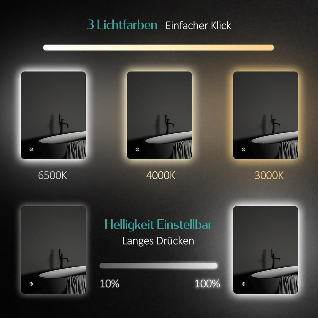 EMKE Badspiegel mit Beleuchtung 60x80cm, Badezimmerspiegel mit Beschlagfrei, 3 Lichtfarben dimmbar,