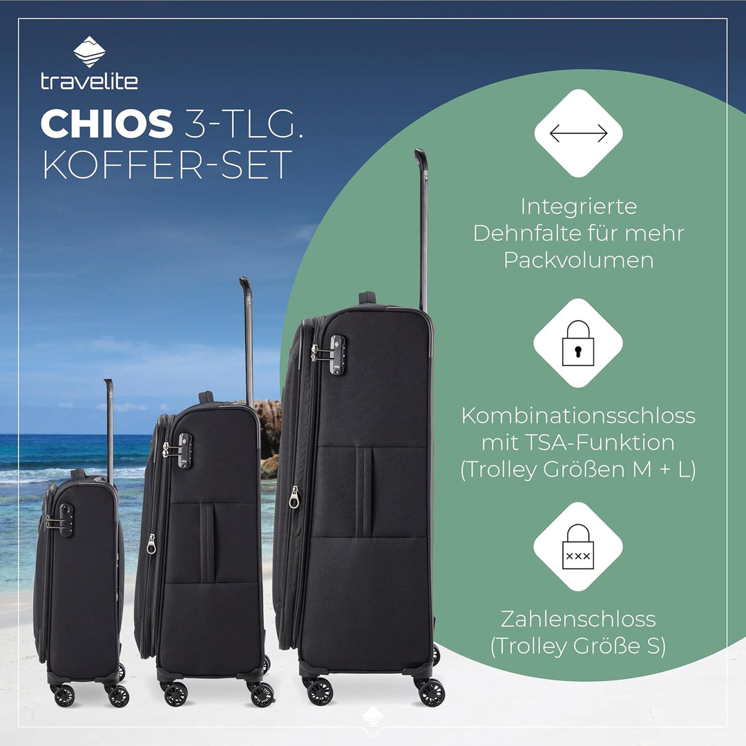 travelite 4-Rad Koffer Set Weichschale, Grössen L/M/S, Serie CHIOS Trolley Set in zeitloser Optik, H