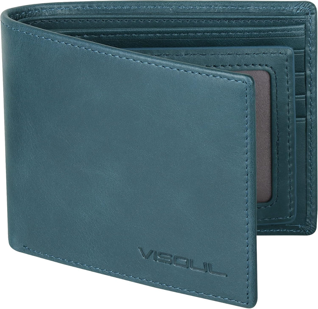 VISOUL Leder Geldbörse Herren mit ID-Fenster & RFID Schutz I Echtleder Geldbeutel für Männer I Porte