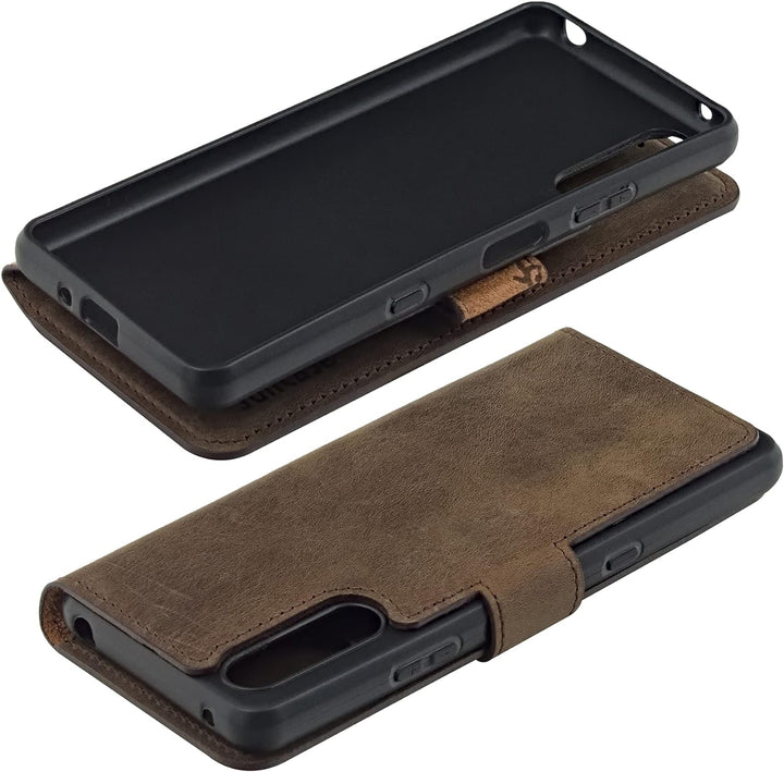 Suncase Book-Style Hülle kompatibel mit Sony Xperia 10 III 3 (2021) Leder Tasche (Slim-Fit) Lederhül