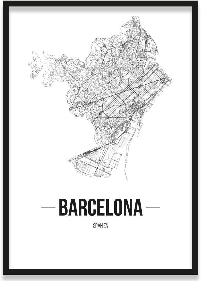JUNIWORDS Stadtposter, Barcelona, Wähle eine Grösse, 21 x 30 cm, Poster mit Rahmen, Schrift B, Weiss