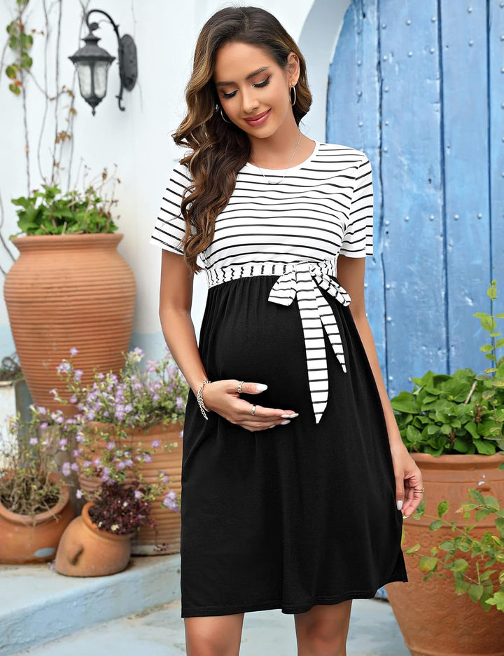 KOJOOIN Damen Umstandskleid Rundhalsausschnitt Gestreiftes Schwangerschaftskleid 3/4 Ärmel Casual Um