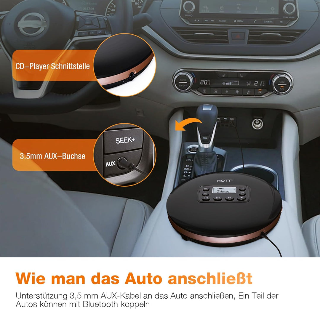 CD Player Tragbar, Tragbarer CD Player mit Bluetooth, Aufladbar CD-Player mit Kopfhörer und AUX Lini