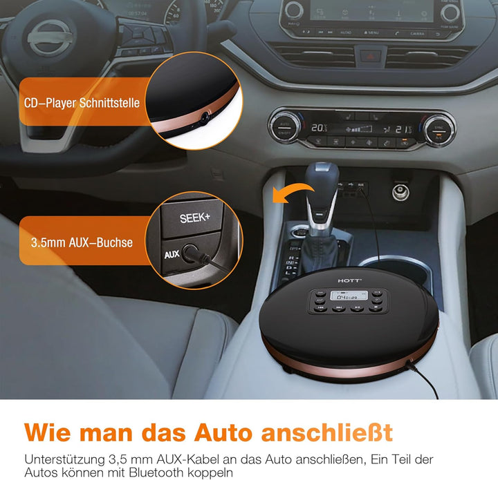 CD Player Tragbar, Tragbarer CD Player mit Bluetooth, Aufladbar CD-Player mit Kopfhörer und AUX Lini