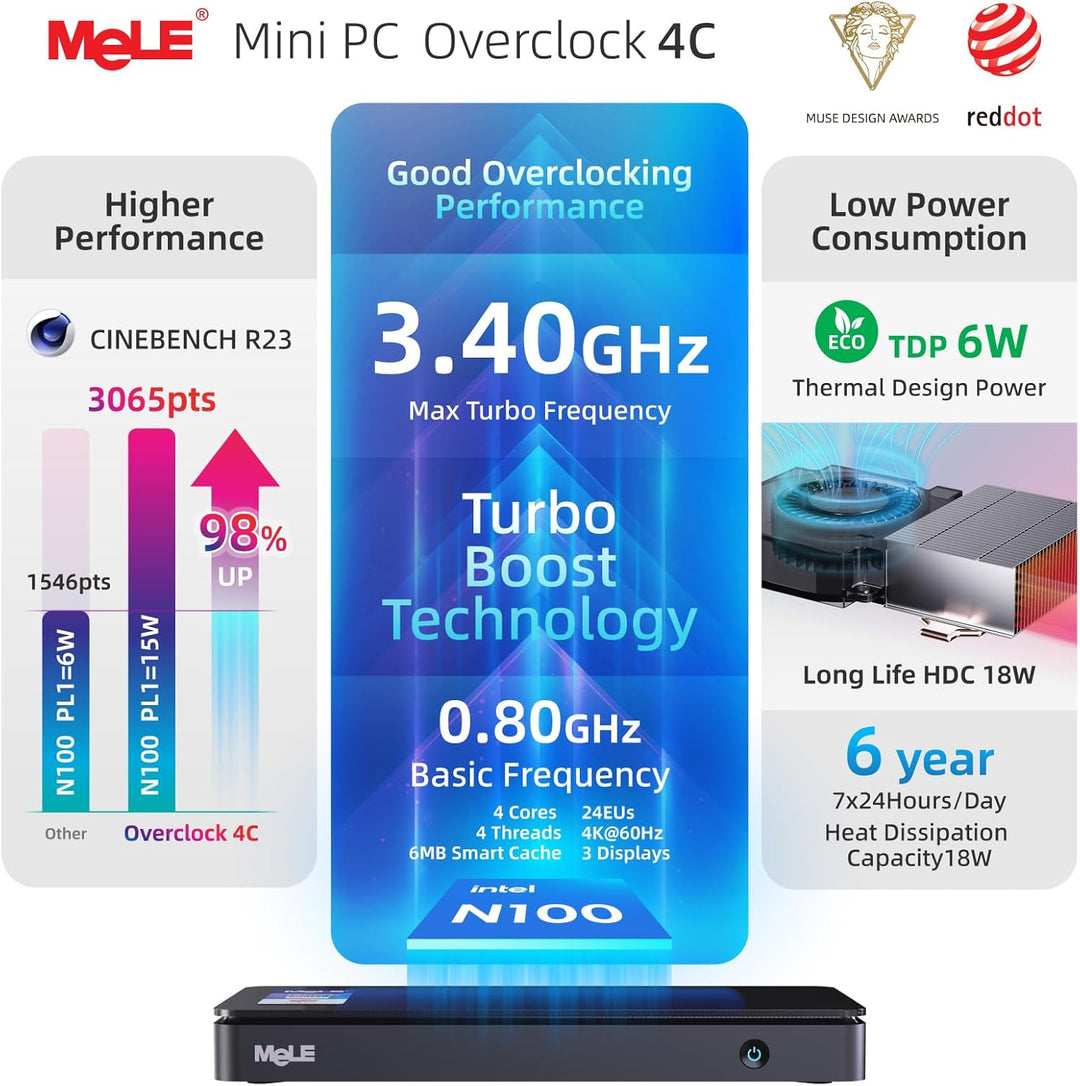 MeLE Mini-PC Overclock4C, Reddot-Gewinner 2024, Win 11 Pro N100 16GB 512GB, 4K-HDMI-Anzeige, USB-C P