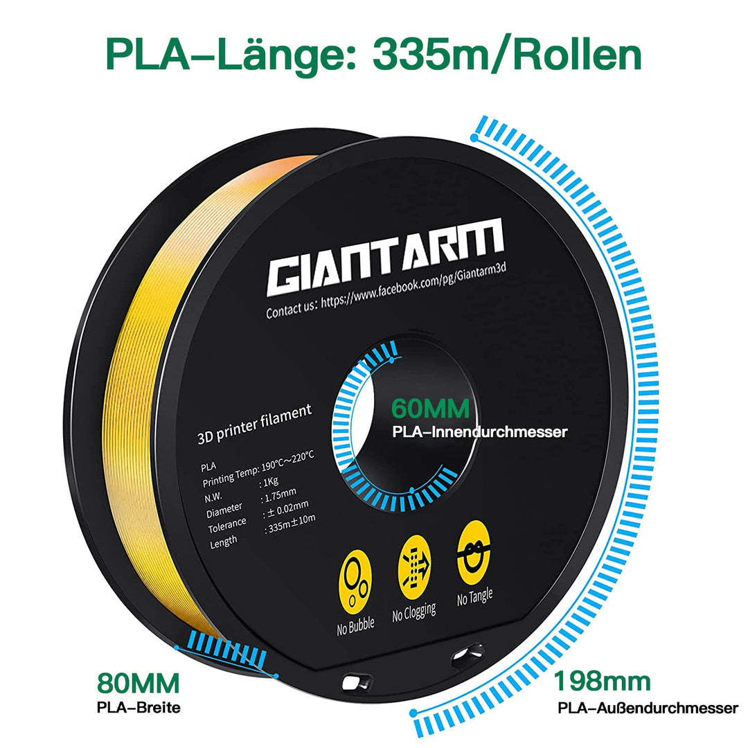 GIANTARM PLA Filament 1.75mm,3D Drucker Filament PLA 1kg,MaBgenauigkeit +/- 0,02mm,3D-Druckmateriali