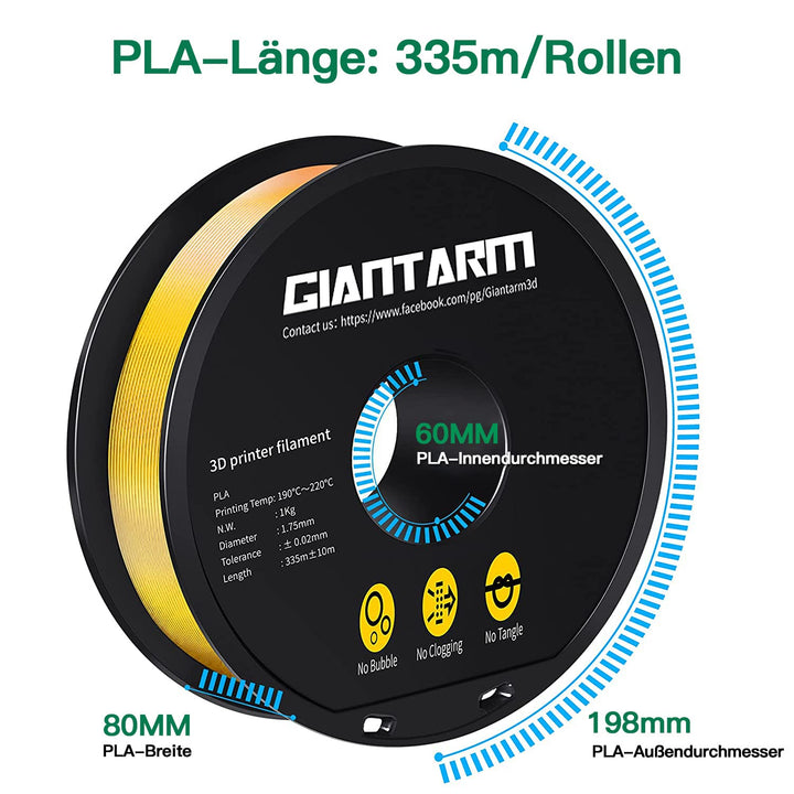 GIANTARM PLA Filament 1.75mm,3D Drucker Filament PLA 1kg,MaBgenauigkeit +/- 0,02mm,3D-Druckmateriali