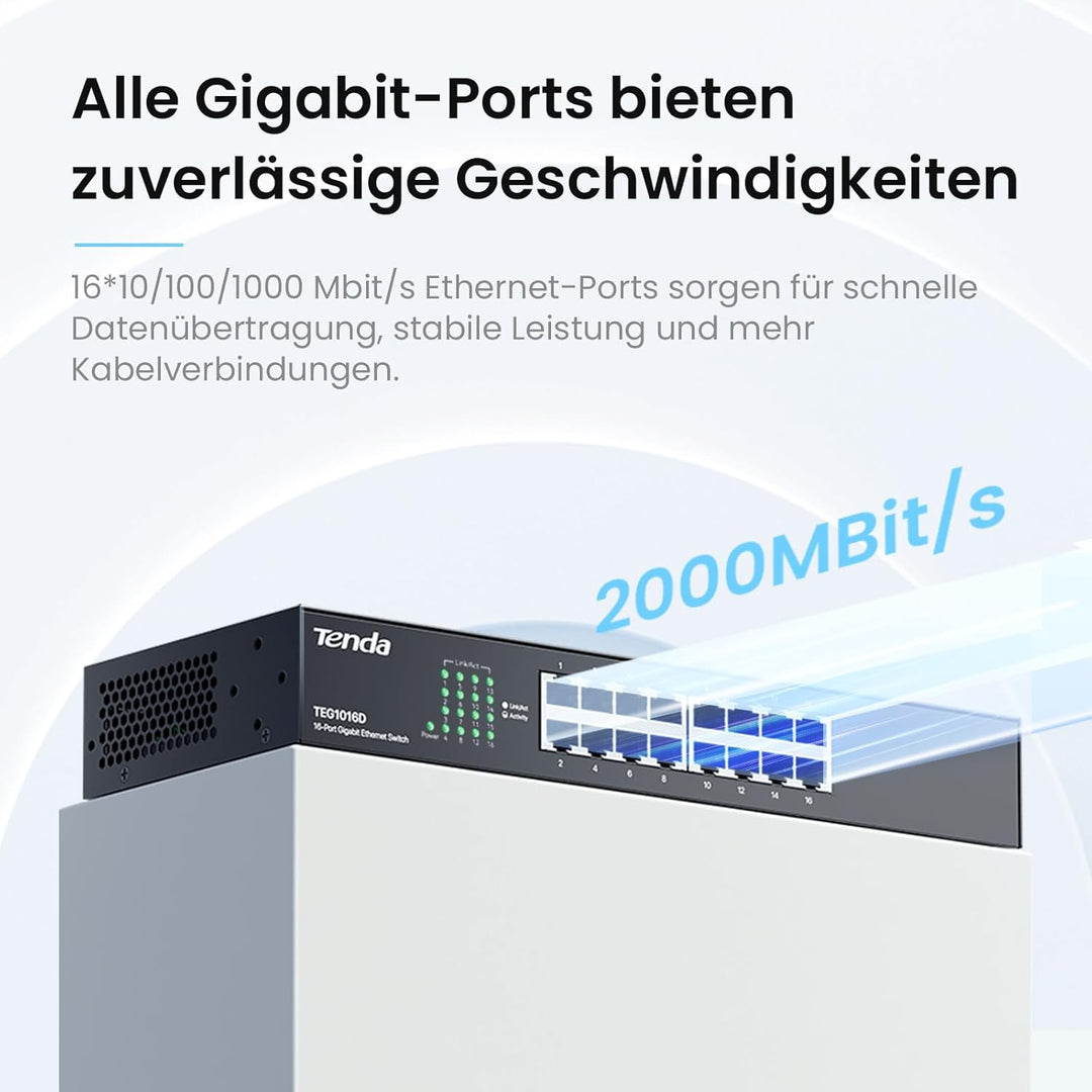 Tenda TEG1016D Gigabit Switch 16 Port 19 Zoll Rackeinbau Netzwerk Switch (Plug-und-Play, 32Gbit/s Sw