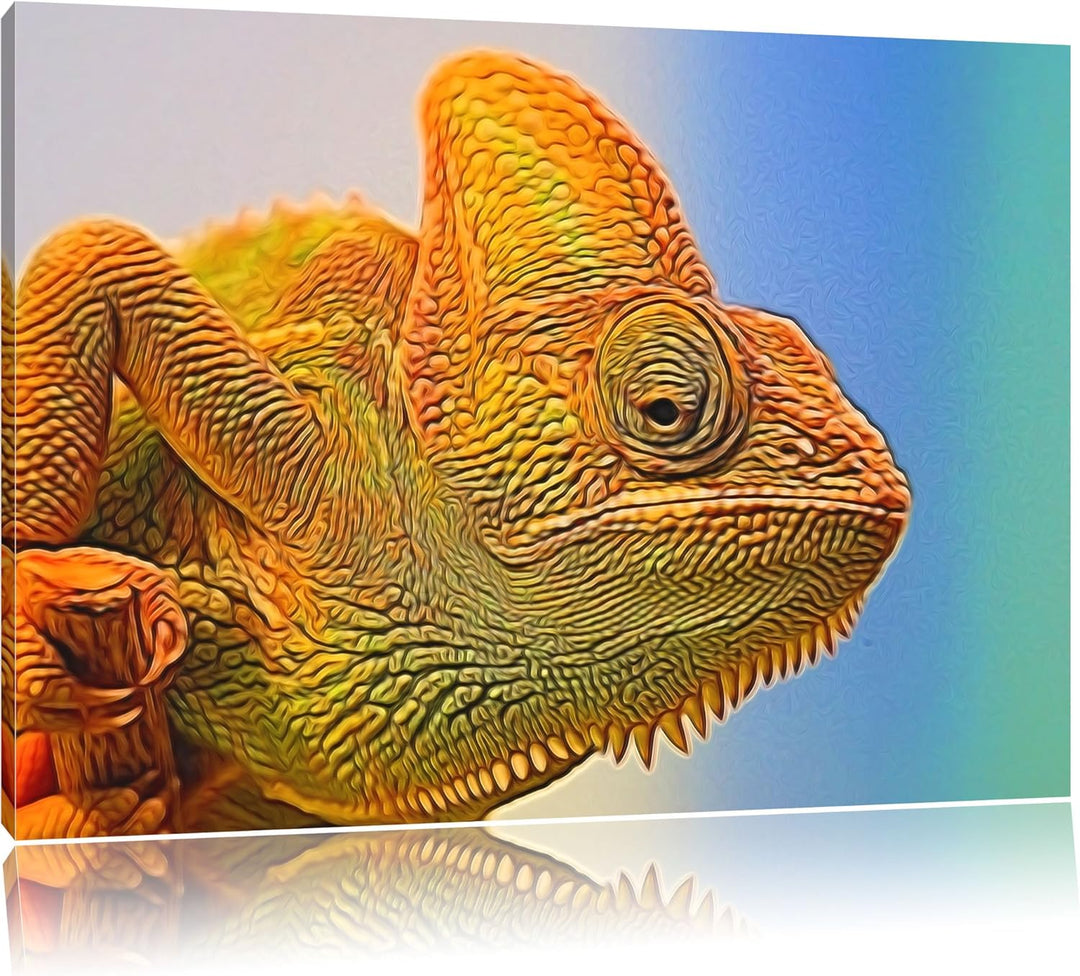 gelbes Chamäleon Deluxe Format: 100x70 cm auf Leinwand, XXL riesige Bilder fertig gerahmt mit Keilra