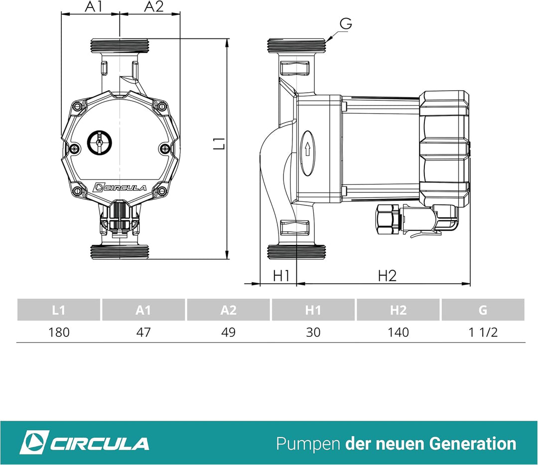 CIRCULA Hocheffizienzpumpe Helio 25-60/180, Robuste Umwälzpumpe und Heizungspumpe, IP 44, Auto-Modus