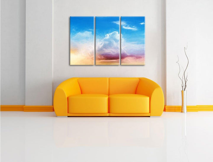 Pixxprint Wolkiger Himmel bedeckt Sonne Bunstift Effekt 3-Teiler Leinwandbild 120x80 Bild auf Leinwa