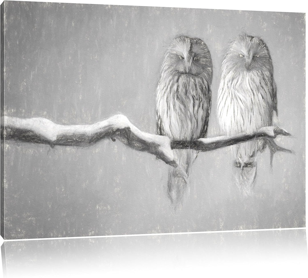 Pixxprint Zwei Eulen in Winterlandschaft Kunst Kohle Effekt, Format: 100x70 auf Leinwand, 100x70