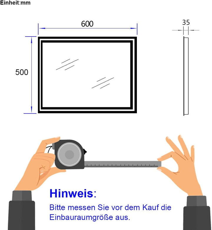 EMKE Badspiegel mit Beleuchtung 50x60cm, Badezimmerspiegel mit Kippschalter+Beschlagfrei+2 Lichtfarb