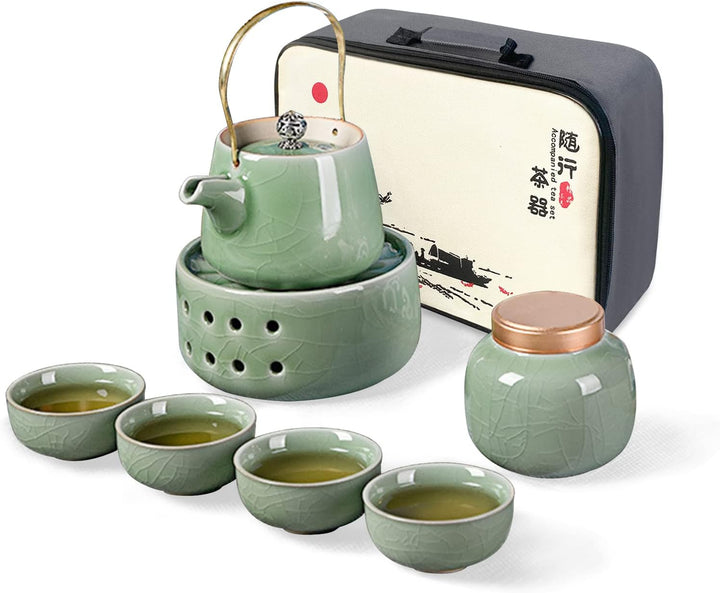 fanquare Teekanne aus Porzellan mit Heizung, Tief Grün Japanischen Stil Teeservice mit Stövchen, Ker