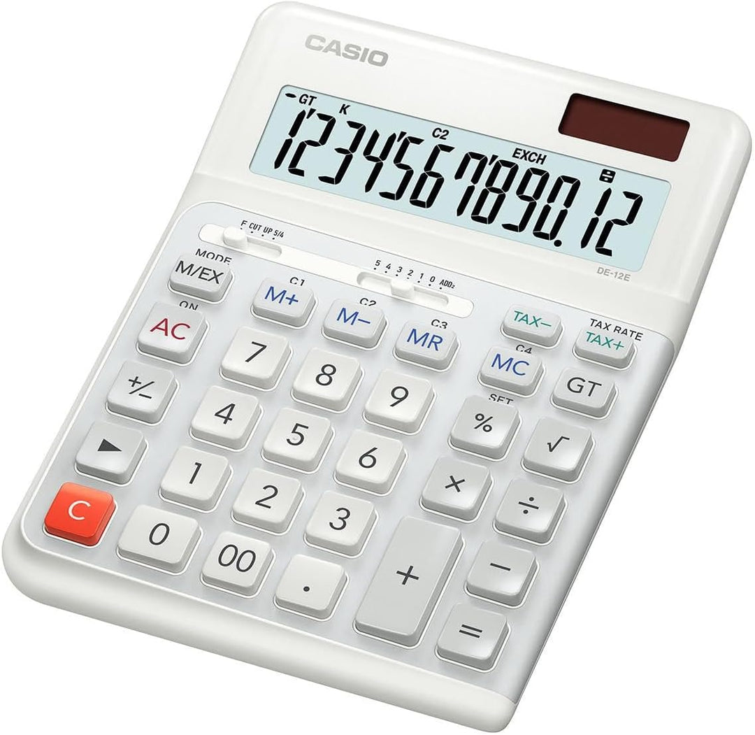 Casio ergonomischer Tischrechner DE-12E-WE, 12stellig, Tastatur in Treppendesign, vertikale Tastenan