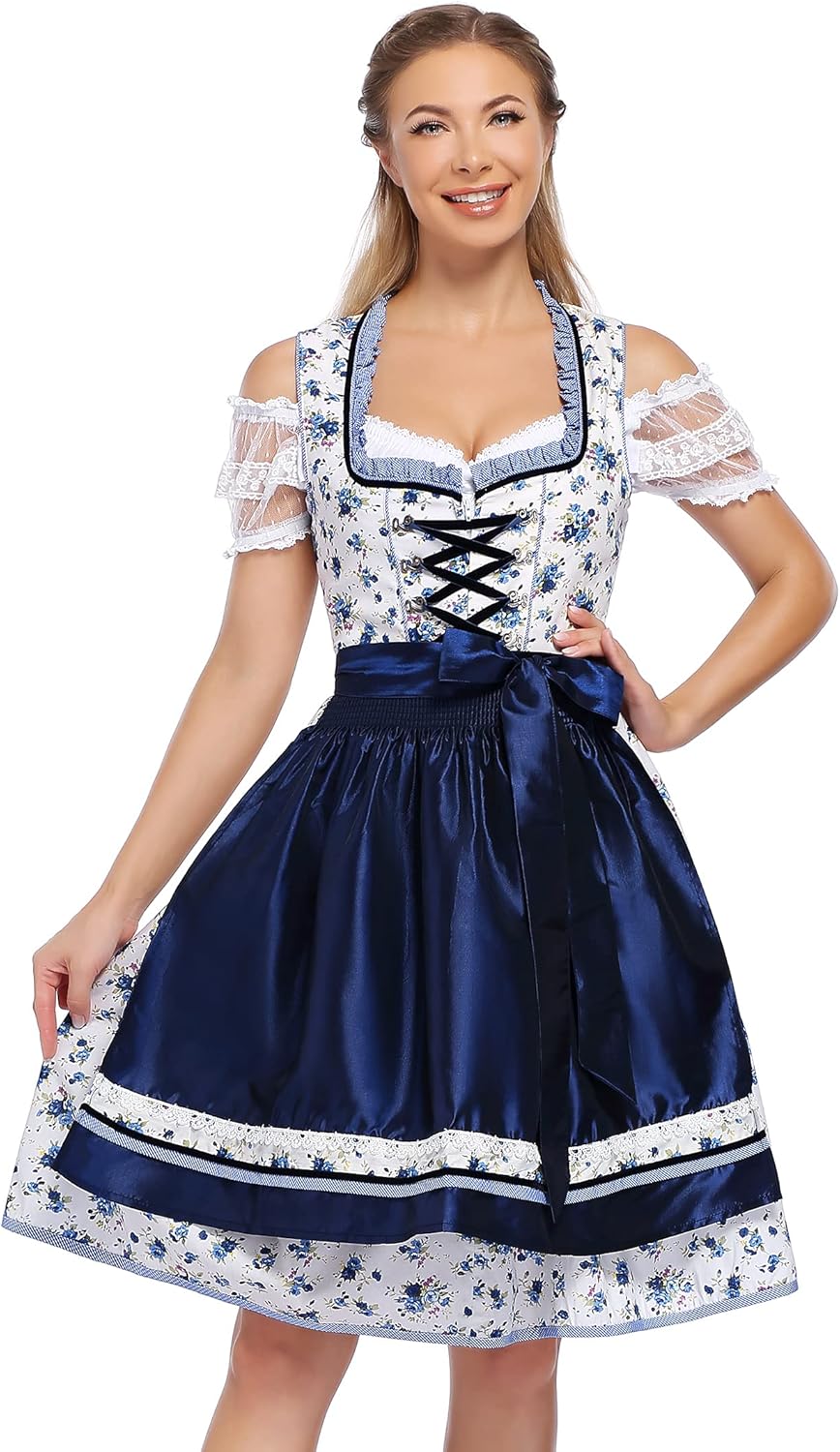 KOJOOIN Trachtenkleid Damen Dirndl Kurz Midi 3tlg. für Oktoberfest-DREI Teilig: Kleid, Bluse, Schürz
