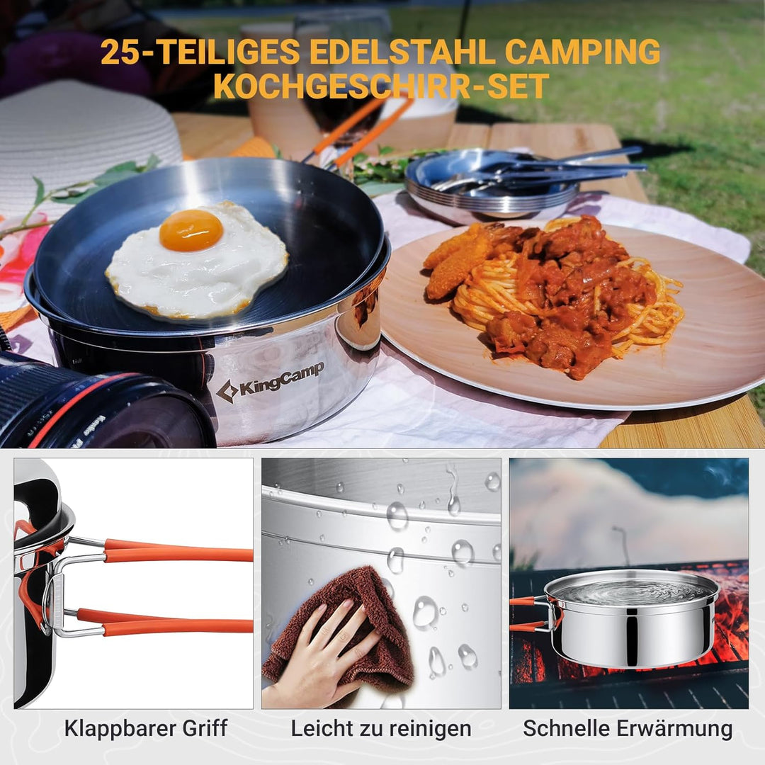 KingCamp Camping Geschirr Set 2-4 Personen I Camping Kochgeschirr aus Edelstahl I Camping Töpfe mit