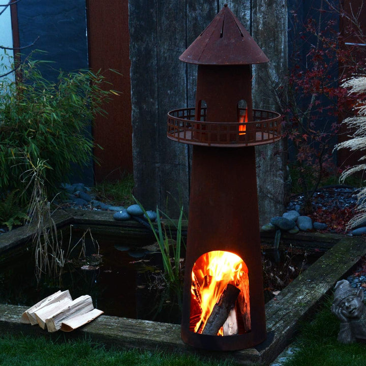 UNUS Gartenkamin Leuchtturm aus Edelrost als Feuerschale für den Garten 131 cm