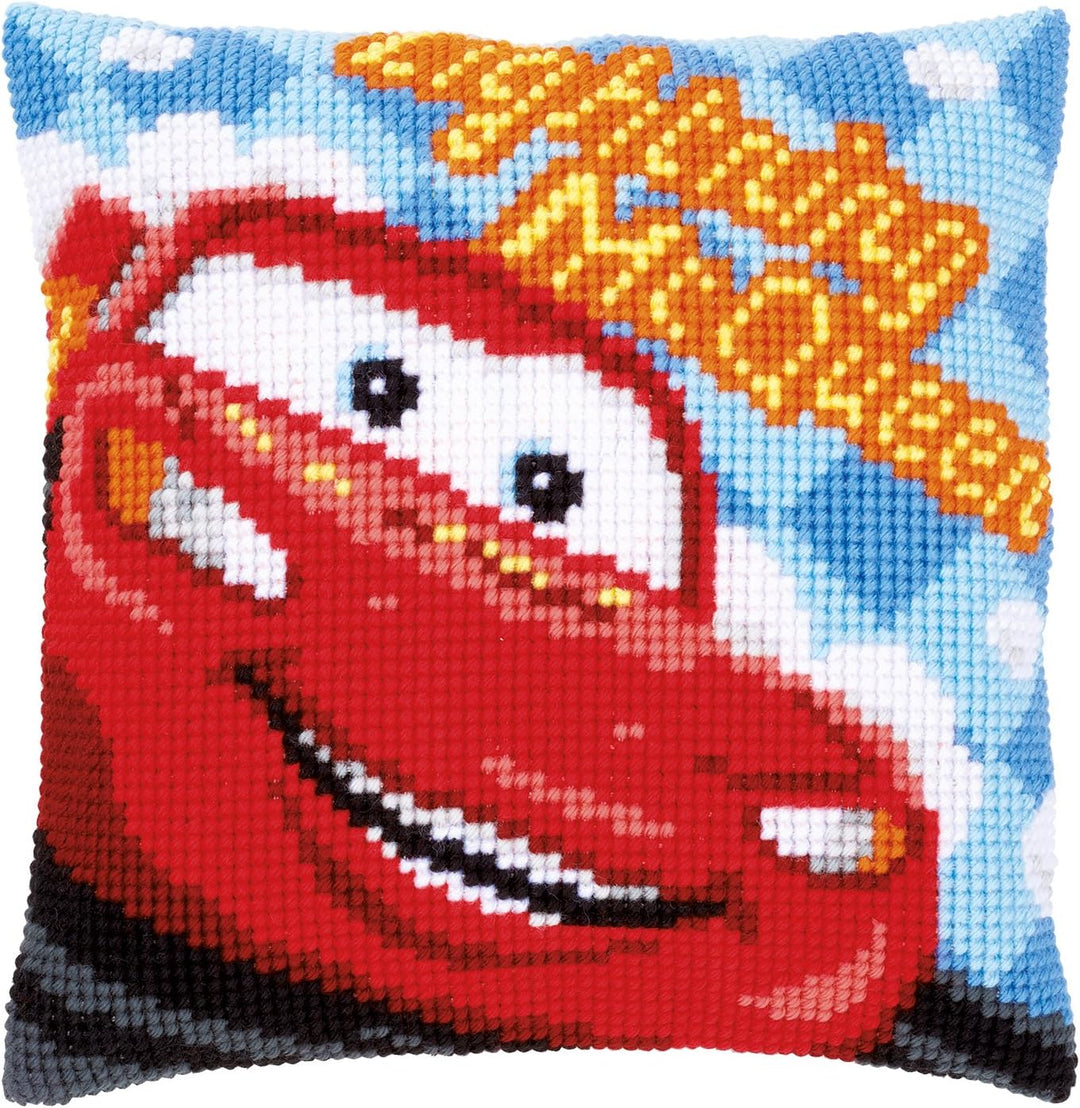 Vervaco Kreuzstichkissen Lightning McQueen Kreuzstickpackung vorgedruckt, Stramin, weiss, 40 x 40 x