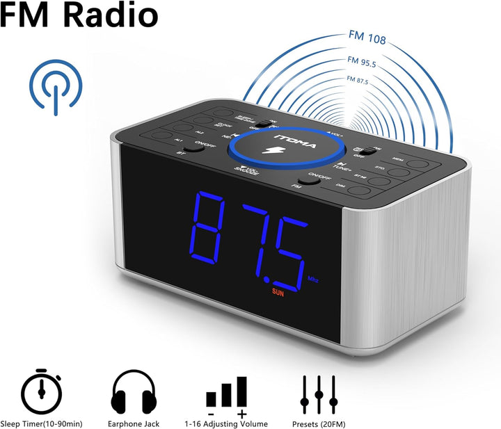 iTOMA Radiowecker Kabelloses Laden, Snooze, Digitales UKW-Radio mit Bluetooth Dual Alarm, Dimmer LED