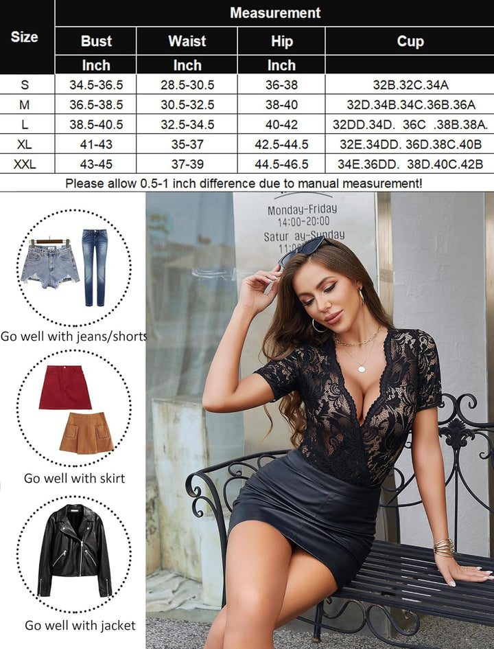Avidlove Damen Lace Body Sexy Kurzarm Bodysuit Bluse Tops Schwarz M, Schwarz M