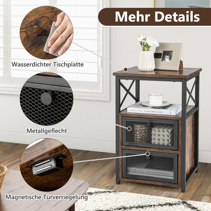 COSTWAY 4 Ebenen Beistelltisch Industrie Design, Nachttisch mit 2 Klappschubladen & offenem Regal, N