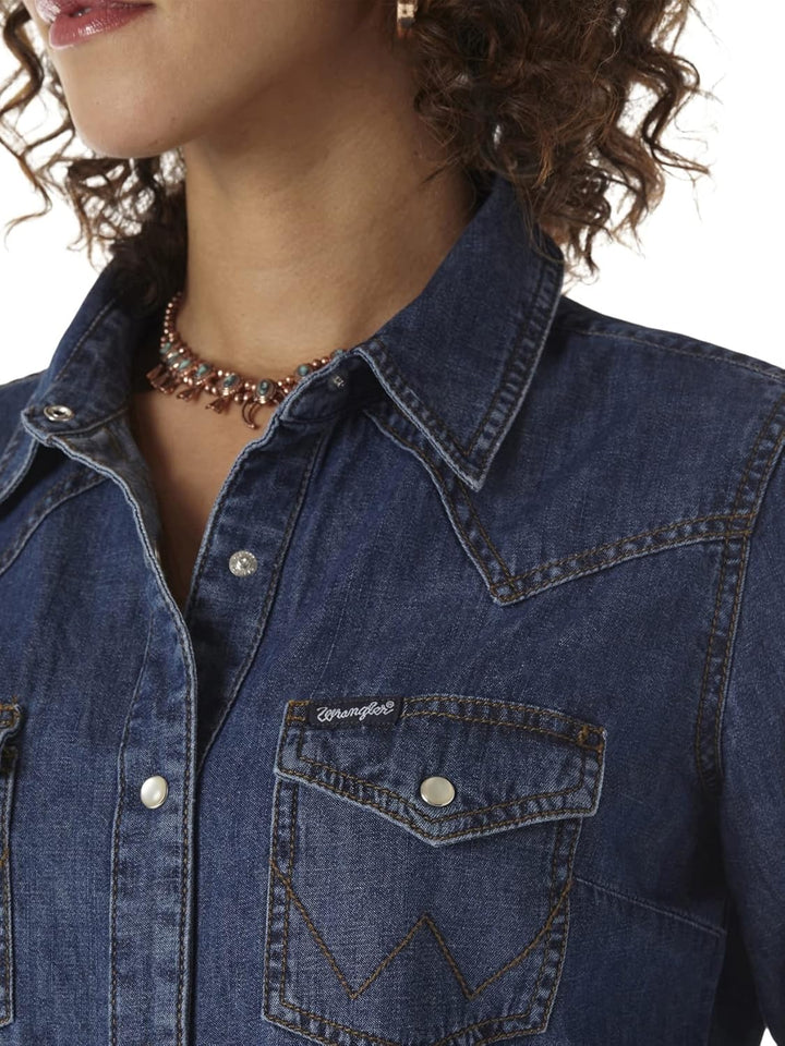 Wrangler Damen Retro Langarm Western Denim Snap Shirt Hemd M Dunkles Denim, M Dunkles Denim