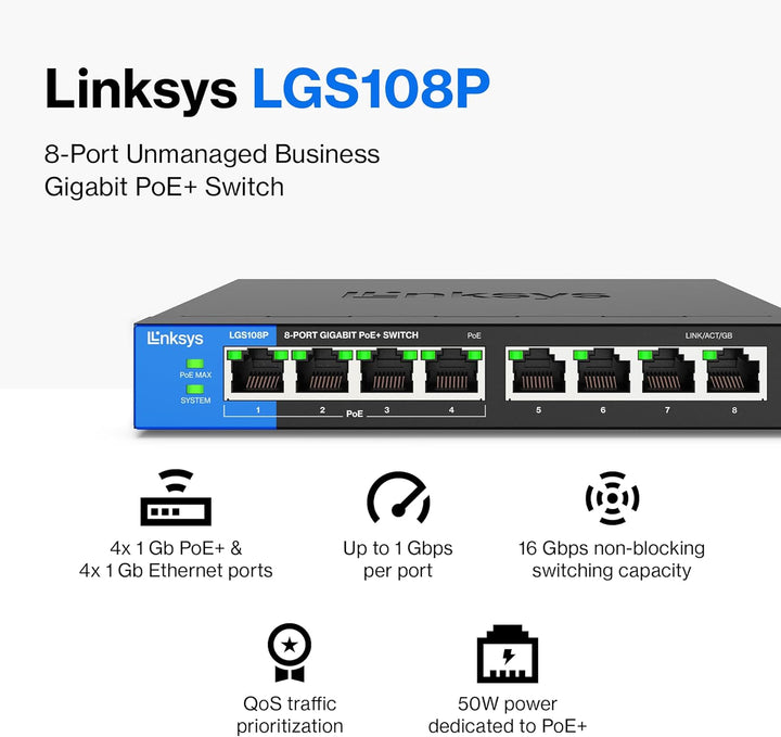 Linksys LGS108P-EU 8-Port Unmanaged Gigabit-Netzwerk-PoE-Switch mit 4 PoE+-Ports, Ethernet-Switch –