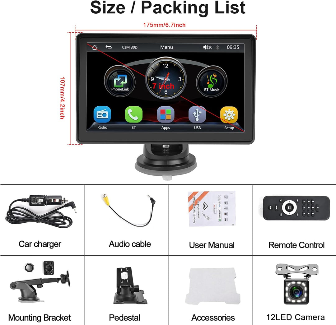 Display Kabelloses Apple Carplay & Wireless Android Auto, Bildschirm 7 Zoll HD Touchscreen Tragbarer