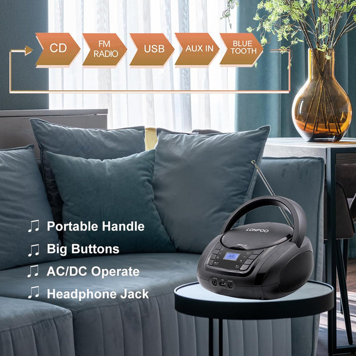 Tragbarer CD-Player Boombox mit FM-Radio/Bluetooth/USB/AUX-Eingang | 3,5 mm MIC & Kopfhöreranschluss