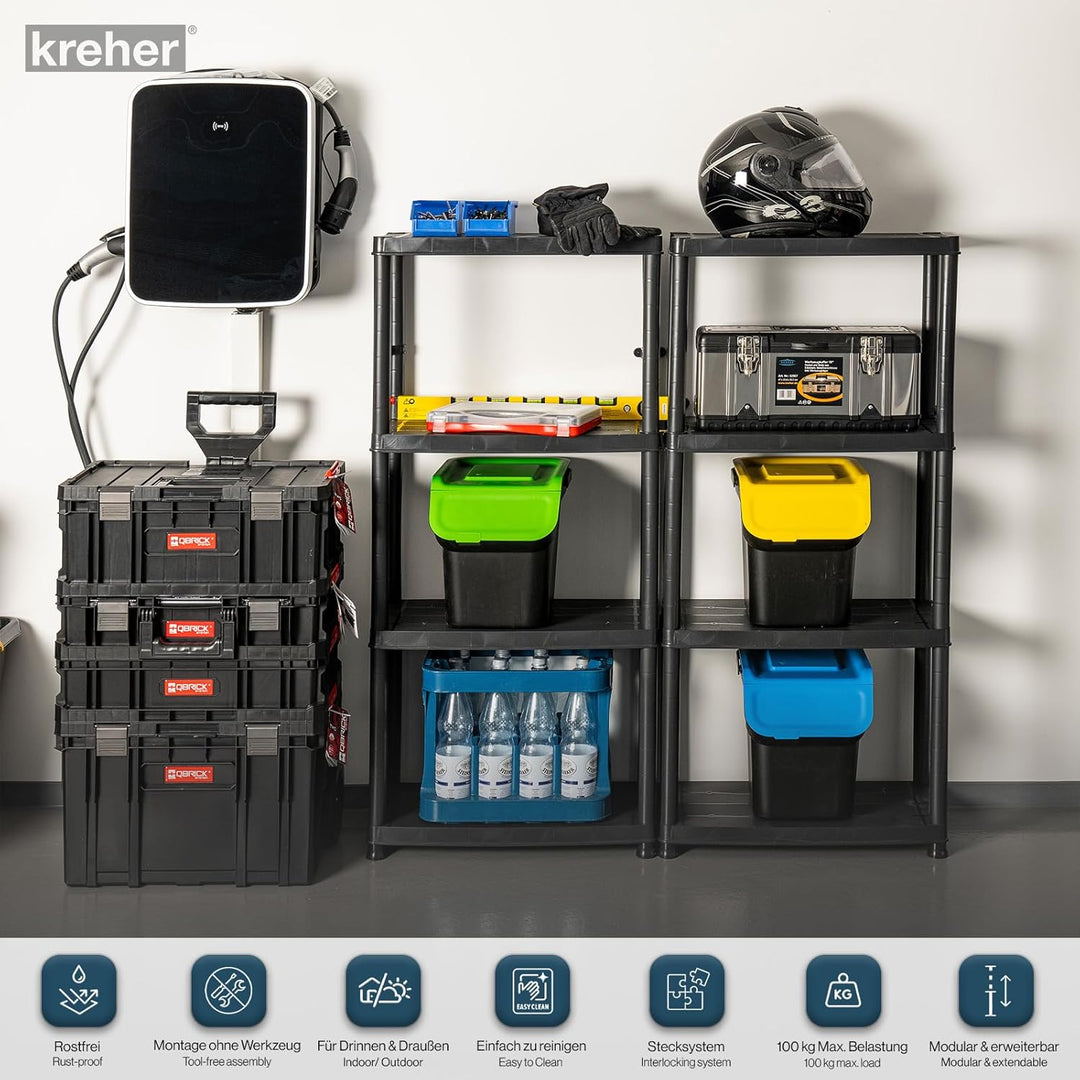 Kreher Kunststoffregal, Steckregal, Kellerregal, 4 Böden, Schwarz, max. 100 kg Traglast. 60 x 30.5 x