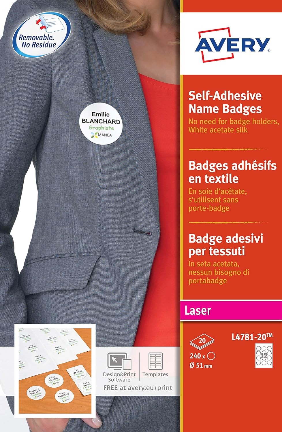 240 Namensschilder selbstklebend rund aus Seide Acetat Laser weiss Ø51 mm (L4781) weiss 51 mm Rund,