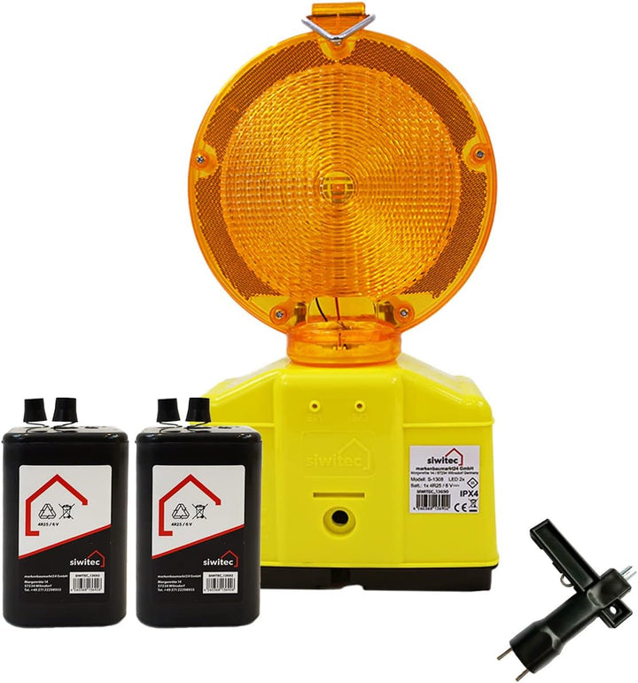1 x siwitec LED Baustellenleuchte gelb inkl. 2 x Blockbatterien Typ 4R25 6V 7Ah, LED Warnleuchte für
