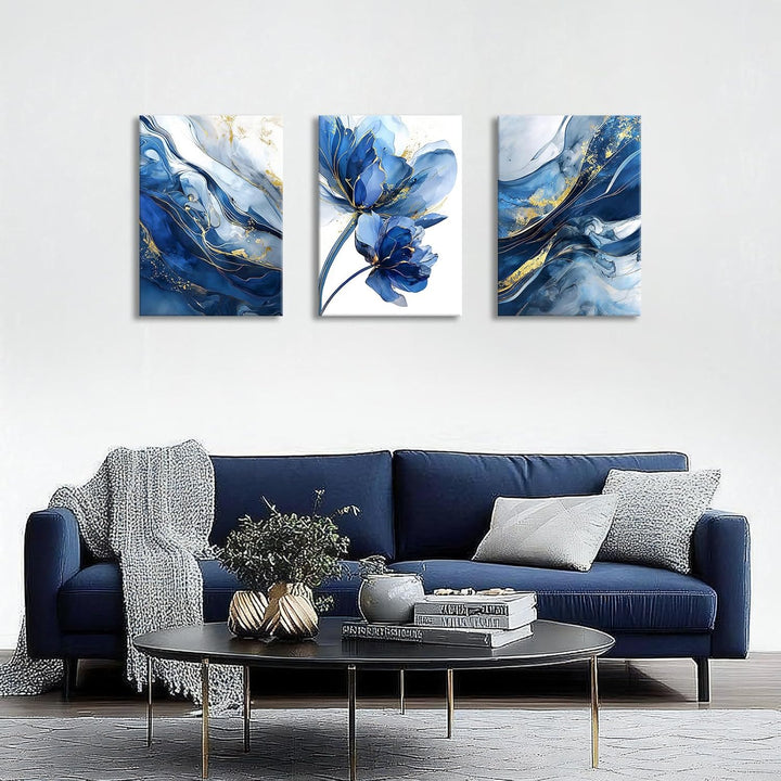 3Pcs Aquarell Gold Blau Lotusblume Mit Rahmen Leinwand Bilder Abstrakt Marineblau Marmor Bild auf Le