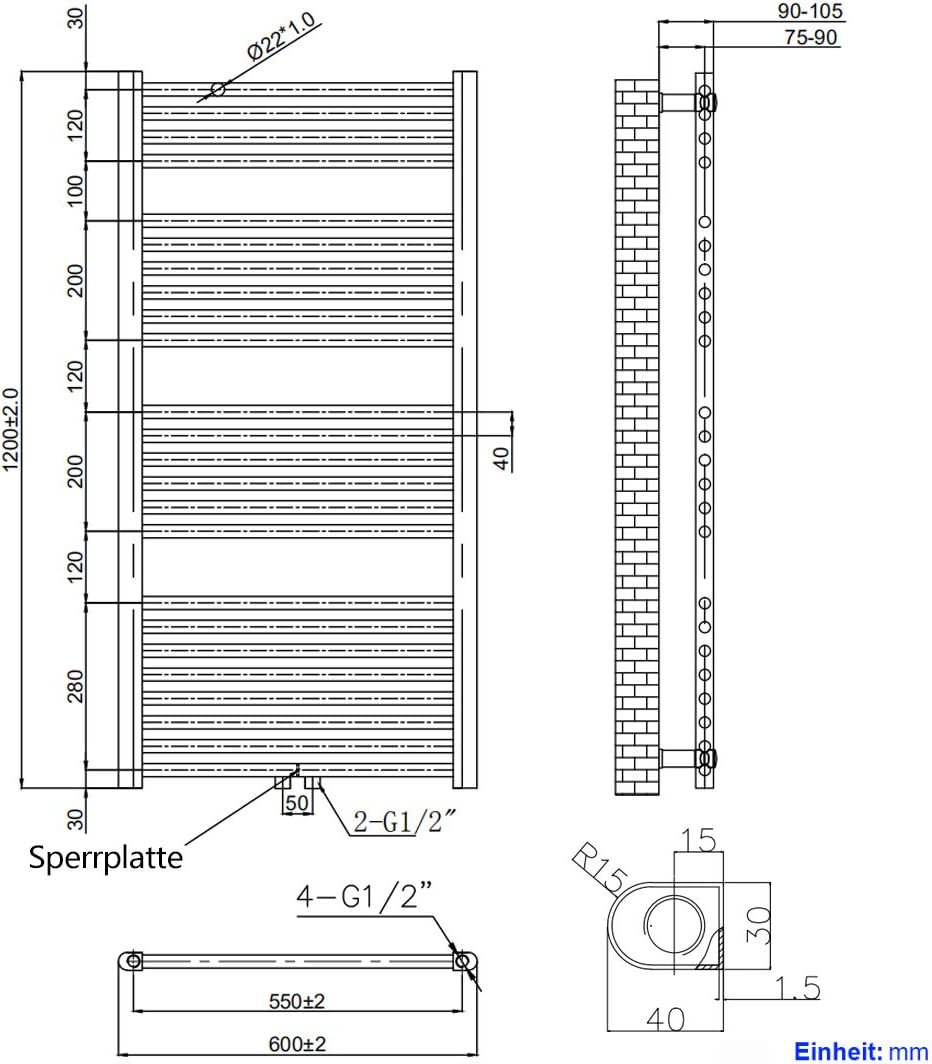 EMKE Badheizkörper Handtuchtrockner, Handtuchwärmer 600x1200mm 679 Watt Anthrazit Handtuchheizkörper