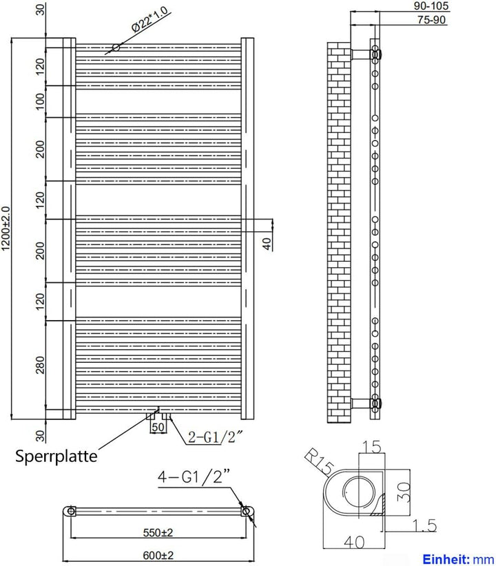 EMKE Badheizkörper Handtuchtrockner, Handtuchwärmer 600x1200mm 679 Watt Anthrazit Handtuchheizkörper