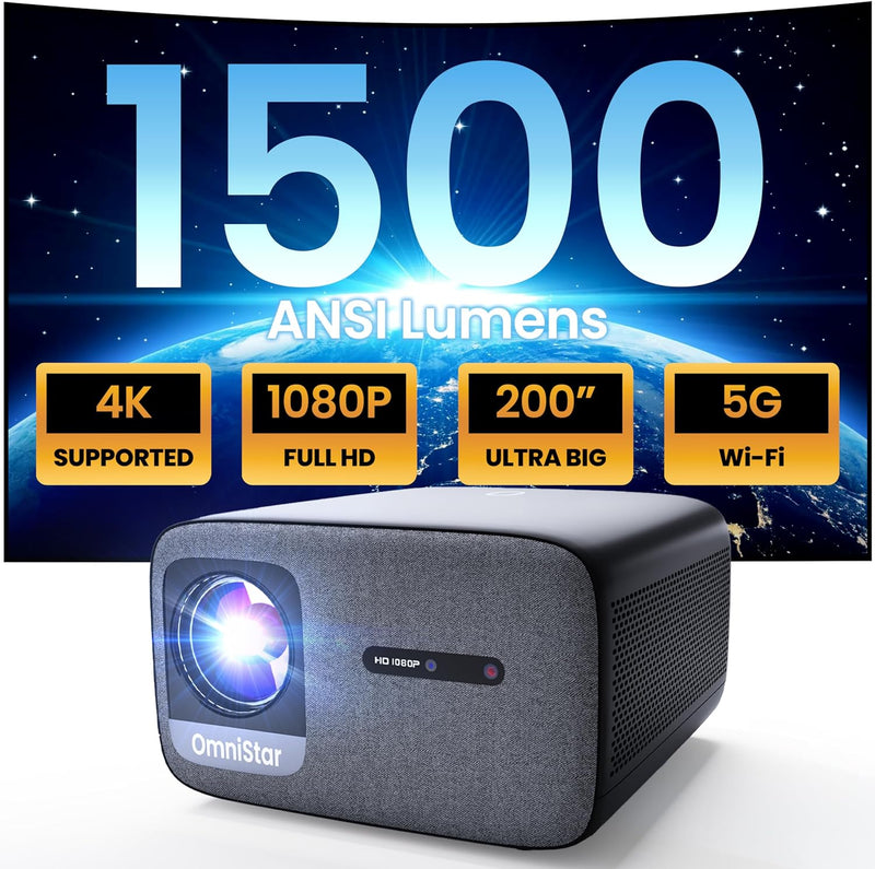 OmniStar L80 Beamer, 1500 ANSI Lumen, Heimkino Video Beamer Full HD 1080P, 4K-Unterstützt, Autofokus